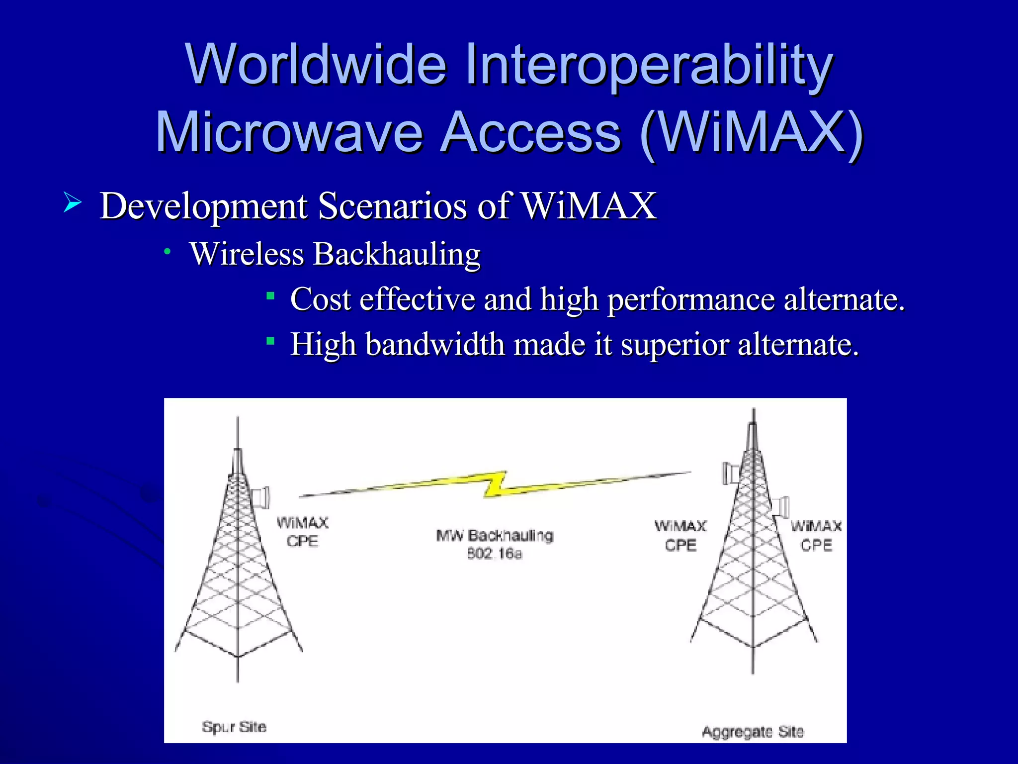 Worldwide Interoperability Microwave Access (WiMAX) Development Scenarios of WiMAX Wireless Backhauling Cost effective and high performance alternate. High bandwidth made it superior alternate. 