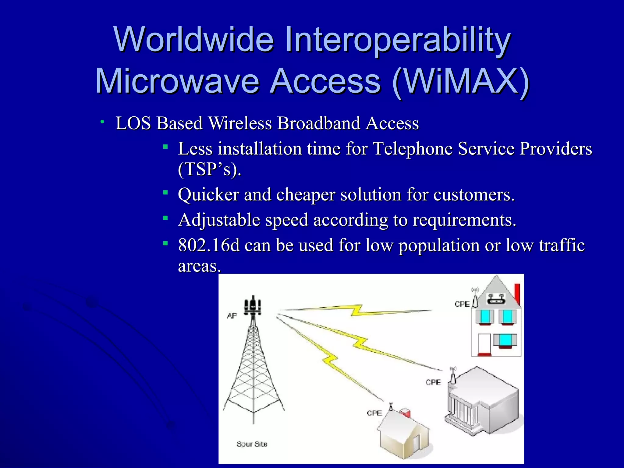 Worldwide Interoperability Microwave Access (WiMAX) LOS Based Wireless Broadband Access Less installation time for Telephone Service Providers (TSP’s). Quicker and cheaper solution for customers. Adjustable speed according to requirements. 802.16d can be used for low population or low traffic areas. 