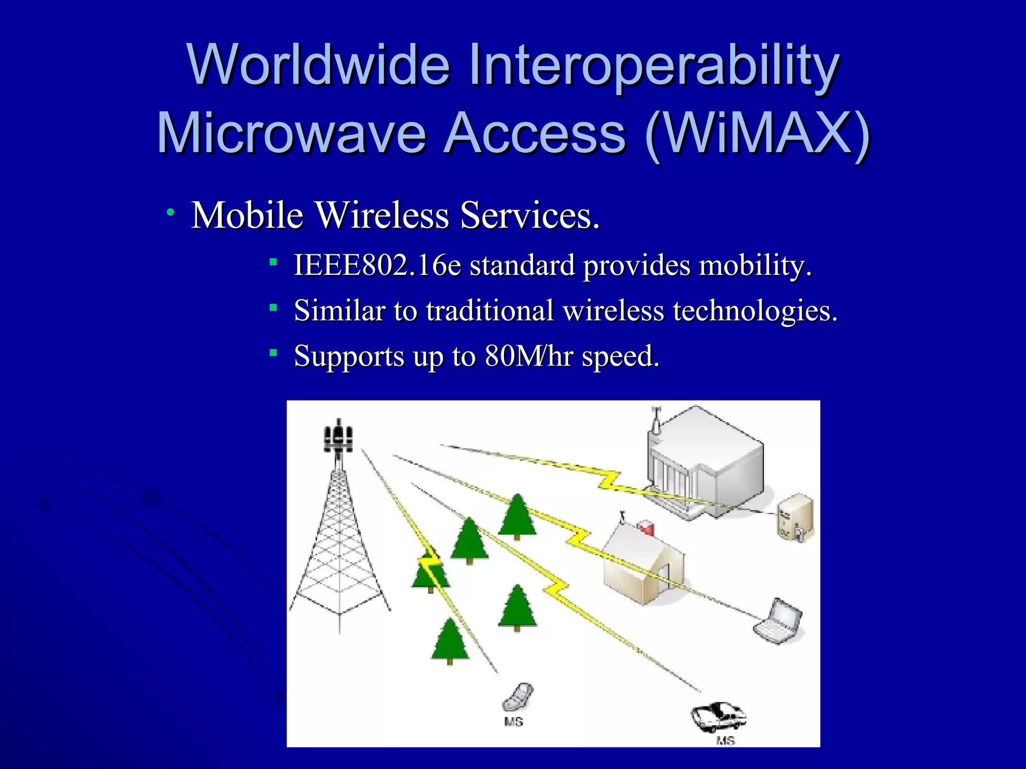 Worldwide Interoperability Microwave Access (WiMAX) Mobile Wireless Services. IEEE802.16e standard provides mobility. Similar to traditional wireless technologies. Supports up to 80M/hr speed. 