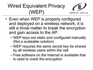 Wired Equivalent Privacy (WEP) ,[object Object],[object Object],[object Object],[object Object]
