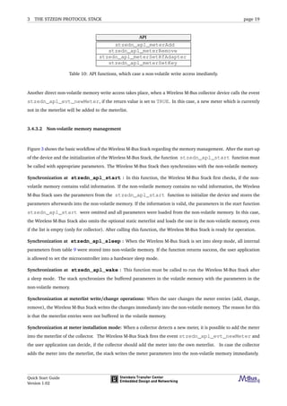 3 THE STZEDN PROTOCOL STACK page 19
API
stzedn_apl_meterAdd
stzedn_apl_meterRemove
stzedn_apl_meterSetRfAdapter
stzedn_apl_meterSetKey
Table 10: API functions, which case a non-volatile write access imediately.
Another direct non-volatile memory write access takes place, when a Wireless M-Bus collector device calls the event
stzedn_apl_evt_newMeter, if the return value is set to TRUE. In this case, a new meter which is currently
not in the meterlist will be added to the meterlist.
3.4.3.2 Non-volatile memory management
Figure 3 shows the basic workﬂow of the Wireless M-Bus Stack regarding the memory management. After the start-up
of the device and the initialization of the Wireless M-Bus Stack, the function stzedn_apl_start function must
be called with appropriate parameters. The Wireless M-Bus Stack then synchronizes with the non-volatile memory.
Synchronization at stzedn_apl_start : In this function, the Wireless M-Bus Stack ﬁrst checks, if the non-
volatile memory contains valid information. If the non-volatile memory contains no valid information, the Wireless
M-Bus Stack uses the parameters from the stzedn_apl_start function to initialize the device and stores the
parameters afterwards into the non-volatile memory. If the information is valid, the parameters in the start function
stzedn_apl_start were omitted and all parameters were loaded from the non-volatile memory. In this case,
the Wireless M-Bus Stack also omits the optional static meterlist and loads the one in the non-volatile memory, even
if the list is empty (only for collector). After calling this function, the Wireless M-Bus Stack is ready for operation.
Synchronization at stzedn_apl_sleep : When the Wireless M-Bus Stack is set into sleep mode, all internal
parameters from table 9 were stored into non-volatile memory. If the function returns success, the user application
is allowed to set the microcontroller into a hardware sleep mode.
Synchronization at stzedn_apl_wake : This function must be called to run the Wireless M-Bus Stack after
a sleep mode. The stack synchronizes the buffered parameters in the volatile memory with the parameters in the
non-volatile memory.
Synchronization at meterlist write/change operations: When the user changes the meter entries (add, change,
remove), the Wireless M-Bus Stack writes the changes immediately into the non-volatile memory. The reason for this
is that the meterlist entries were not buffered in the volatile memory.
Synchronization at meter installation mode: When a collector detects a new meter, it is possible to add the meter
into the meterlist of the collector. The Wireless M-Bus Stack ﬁres the event stzedn_apl_evt_newMeter and
the user application can decide, if the collector should add the meter into the own meterlist. In case the collector
adds the meter into the meterlist, the stack writes the meter parameters into the non-volatile memory immediately.
Quick Start Guide
Version 1.02
 