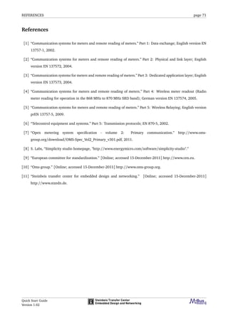 REFERENCES page 71
References
[1] “Communication systems for meters and remote reading of meters.” Part 1: Data exchange; English version EN
13757-1, 2002.
[2] “Communication systems for meters and remote reading of meters.” Part 2: Physical and link layer; English
version EN 137572, 2004.
[3] “Communication systems for meters and remote reading of meters.” Part 3: Dedicated application layer; English
version EN 137573, 2004.
[4] “Communication systems for meters and remote reading of meters.” Part 4: Wireless meter readout (Radio
meter reading for operation in the 868 MHz to 870 MHz SRD band); German version EN 137574, 2005.
[5] “Communication systems for meters and remote reading of meters.” Part 5: Wireless Relaying; English version
prEN 13757-5, 2009.
[6] “Telecontrol equipment and systems.” Part 5: Transmission protocols; EN 870-5, 2002.
[7] “Open metering system speciﬁcation - volume 2: Primary communication.” http://www.oms-
group.org/download/OMS-Spec_Vol2_Primary_v301.pdf, 2011.
[8] S. Labs, “Simplicity studio homepage, "http://www.energymicro.com/software/simplicity-studio".”
[9] “European committee for standardization.” [Online; accessed 15-December-2011] http://www.cen.eu.
[10] “Oms-group.” [Online; accessed 15-December-2011] http://www.oms-group.org.
[11] “Steinbeis transfer center for embedded design and networking.” [Online; accessed 15-December-2011]
http://www.stzedn.de.
Quick Start Guide
Version 1.02
 