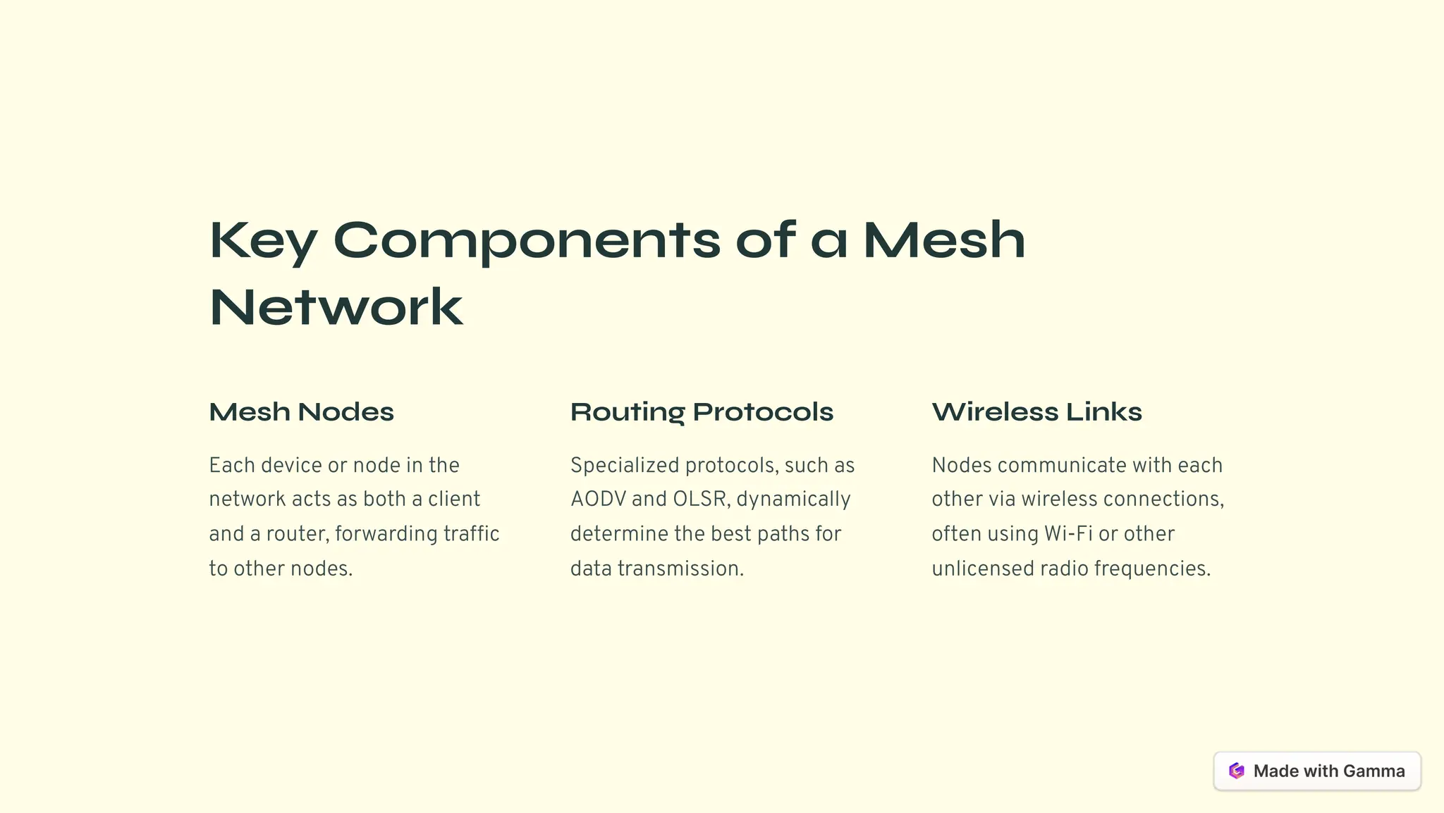 Key Components of a Mesh
Network
Mesh Nodes
Each device or node in the
network acts as both a client
and a router, forwarding traffic
to other nodes.
Routing Protocols
Specialized protocols, such as
AODV and OLSR, dynamically
determine the best paths for
data transmission.
Wireless Links
Nodes communicate with each
other via wireless connections,
often using Wi-Fi or other
unlicensed radio frequencies.
 