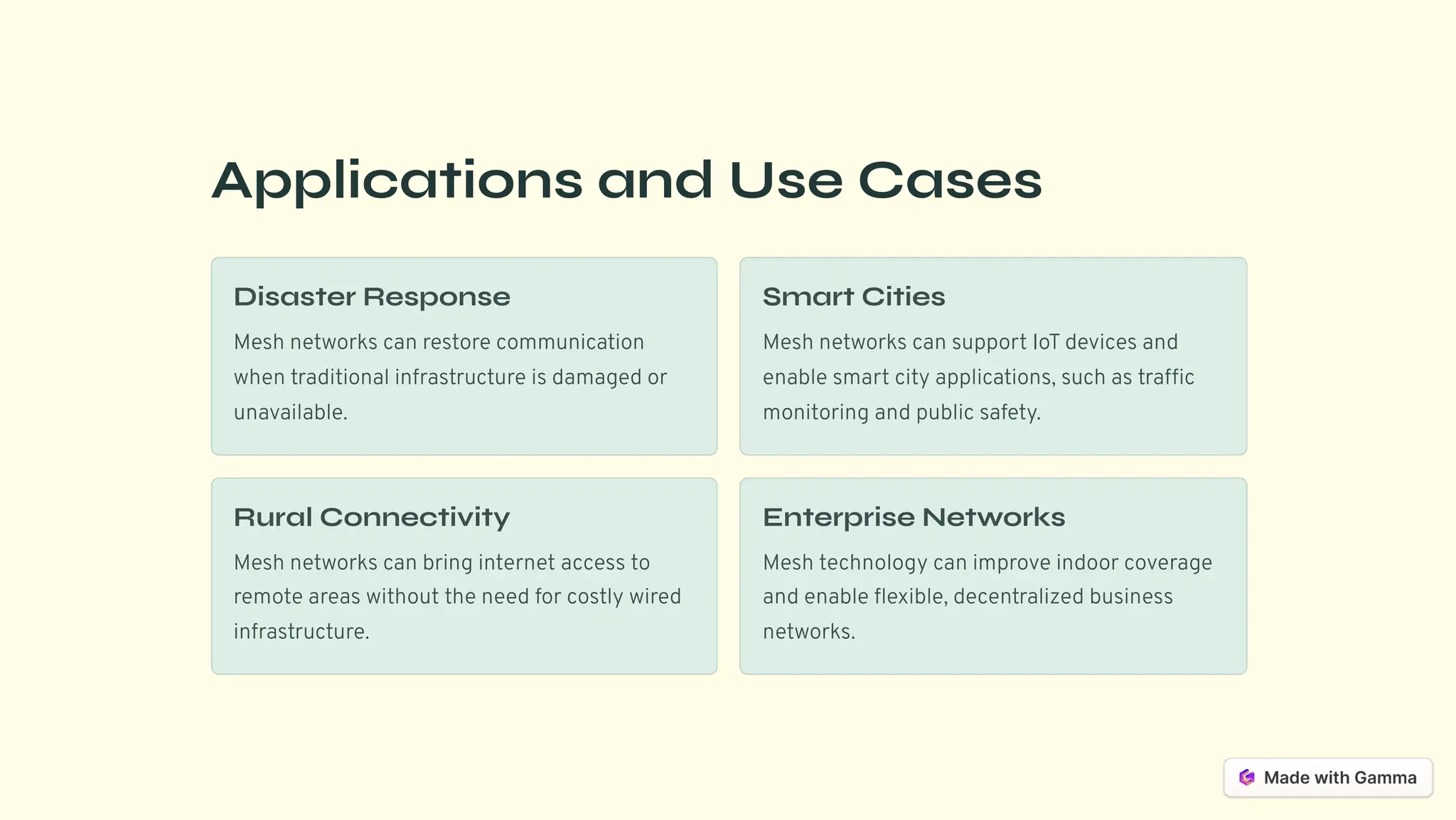Applications and Use Cases
Disaster Response
Mesh networks can restore communication
when traditional infrastructure is damaged or
unavailable.
Smart Cities
Mesh networks can support IoT devices and
enable smart city applications, such as traffic
monitoring and public safety.
Rural Connectivity
Mesh networks can bring internet access to
remote areas without the need for costly wired
infrastructure.
Enterprise Networks
Mesh technology can improve indoor coverage
and enable flexible, decentralized business
networks.
 