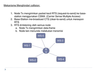 Mekanisme Menghindari collision:
1. Node Tx mengirimkan packet kecil RTS (request-to-send) ke basestation menggunakan CSMA (Carrier Sense Multiple Access)
2. Base-Station me-broadcast CTS (clear-to-send) untuk merespon
RTS
3. RTS di-listening oleh semua node
a. Node Tx mengirimkan data-frame
b. Node lain menunda melakukan transmisi
WS-5

WS-3
WS-1
B
S
WS-2

WS-4

 