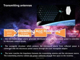 Transmitting antennas
The microwave power source generates microwave power and the output power is controlled
by electronic control circuits.
The waveguide circulator which protects the microwave source from reflected power is
connected with the microwave power source through the coax- waveguide adaptor.
The tuner matches the impedance between the transmitting antenna and the microwave source.
The transmitting antenna radiates the power uniformly through free space to the rectenna.
Microwave
power
source
Waveguide
circulator
and adaptor
Tuner Transmitting
Antenna
Transmitting And Receiving
Antennas
7
Wireless Power Transmission Via Solar
Power Satellite
 
