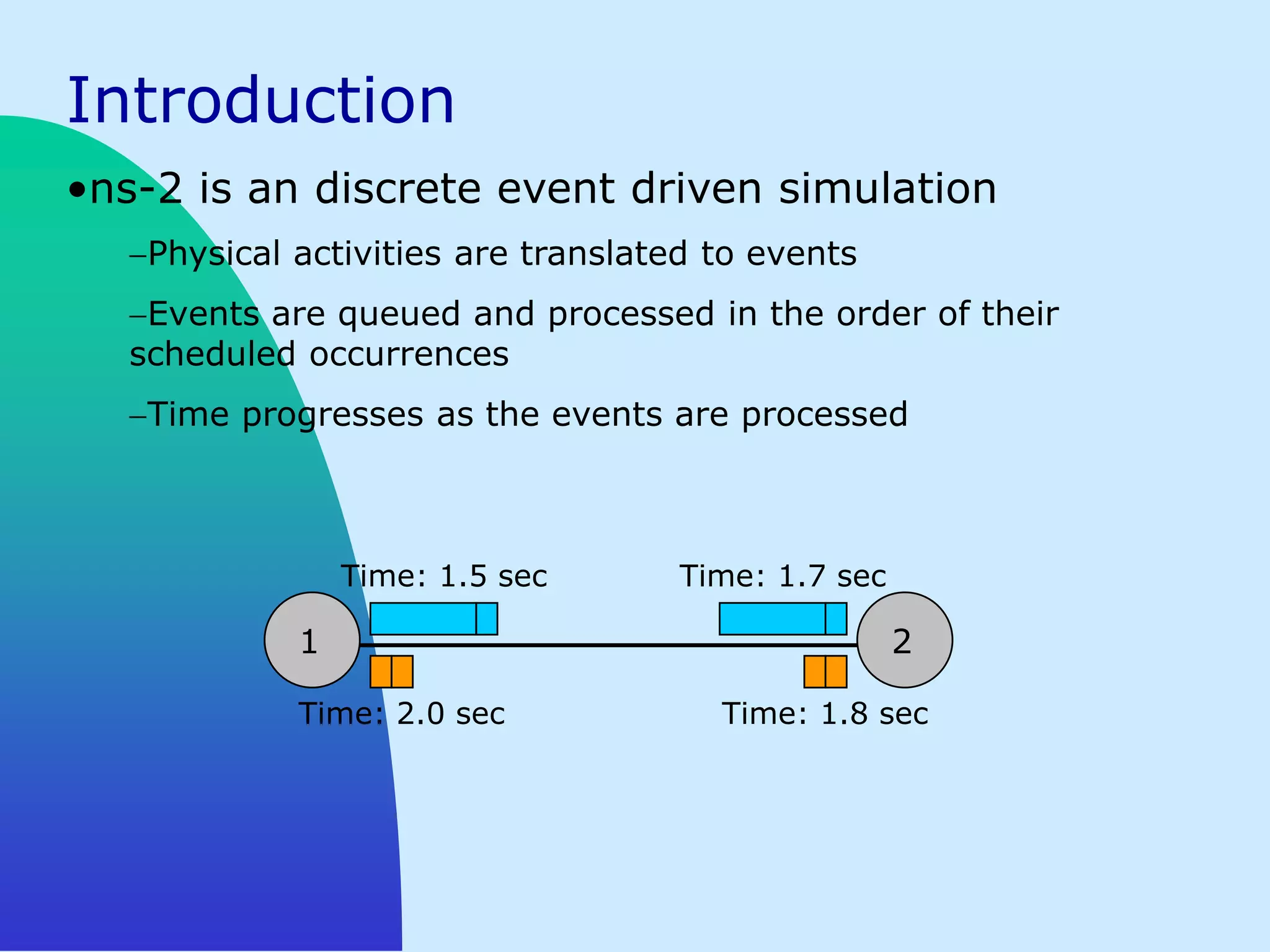 Introduction
•ns-2 is an discrete event driven simulation
   Physical activities are translated to events
   Events are queued and processed in the order of their
  scheduled occurrences
   Time progresses as the events are processed



                Time: 1.5 sec      Time: 1.7 sec

            1                                      2

            Time: 2.0 sec             Time: 1.8 sec
 