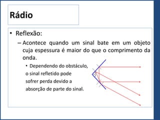 Rádio
• Reflexão:
– Acontece quando um sinal bate em um objeto
cuja espessura é maior do que o comprimento da
onda.
• Dependendo do obstáculo,
o sinal refletido pode
sofrer perda devido a
absorção de parte do sinal.
 