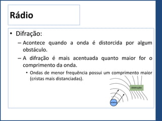 Rádio
• Difração:
– Acontece quando a onda é distorcida por algum
obstáculo.
– A difração é mais acentuada quanto maior for o
comprimento da onda.
• Ondas de menor frequência possui um comprimento maior
(cristas mais distanciadas).
 