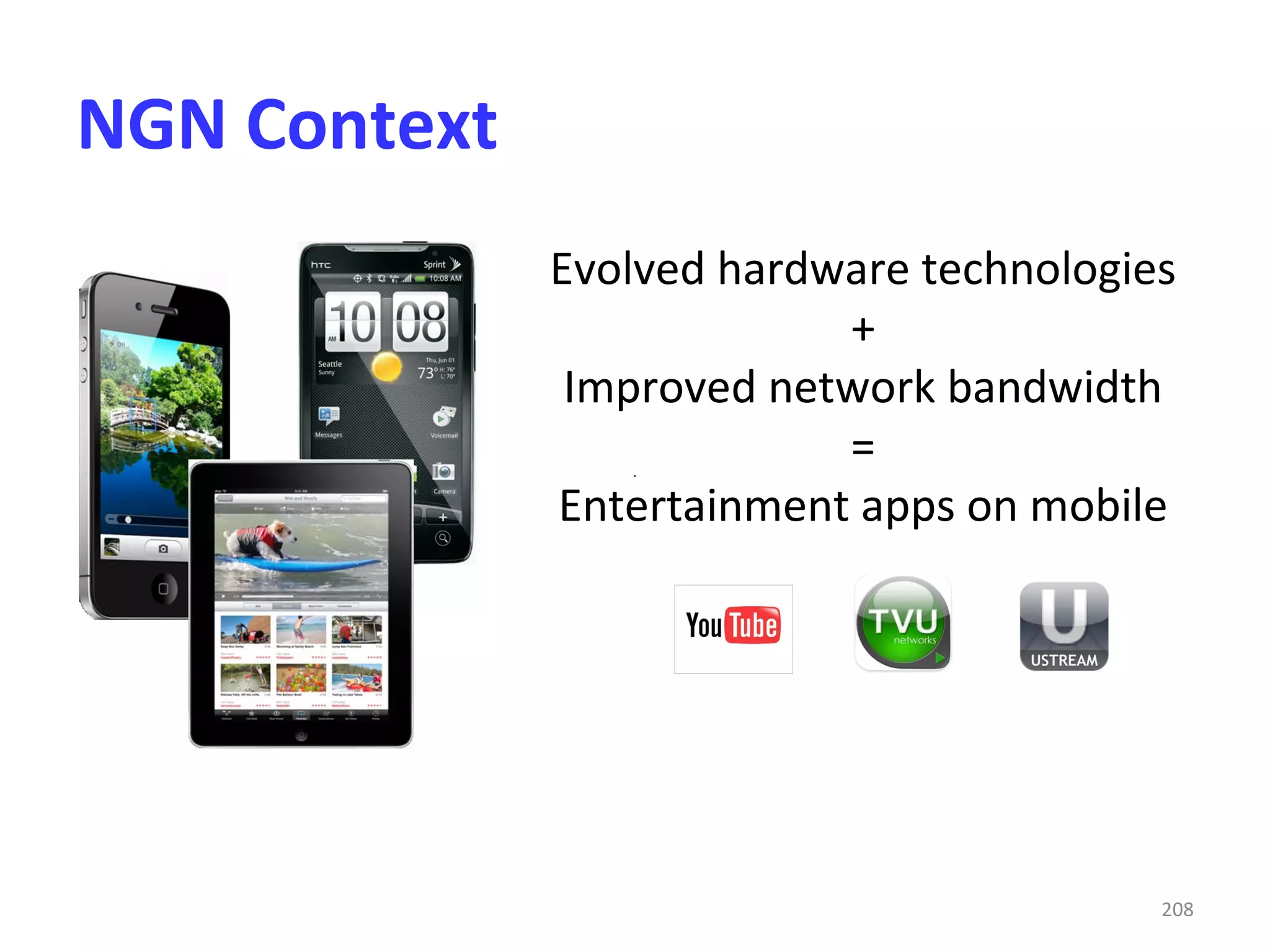 NGN Context
              Evolved hardware technologies
                           +
               Improved network bandwidth
                           =
              Entertainment apps on mobile




                                          208
 