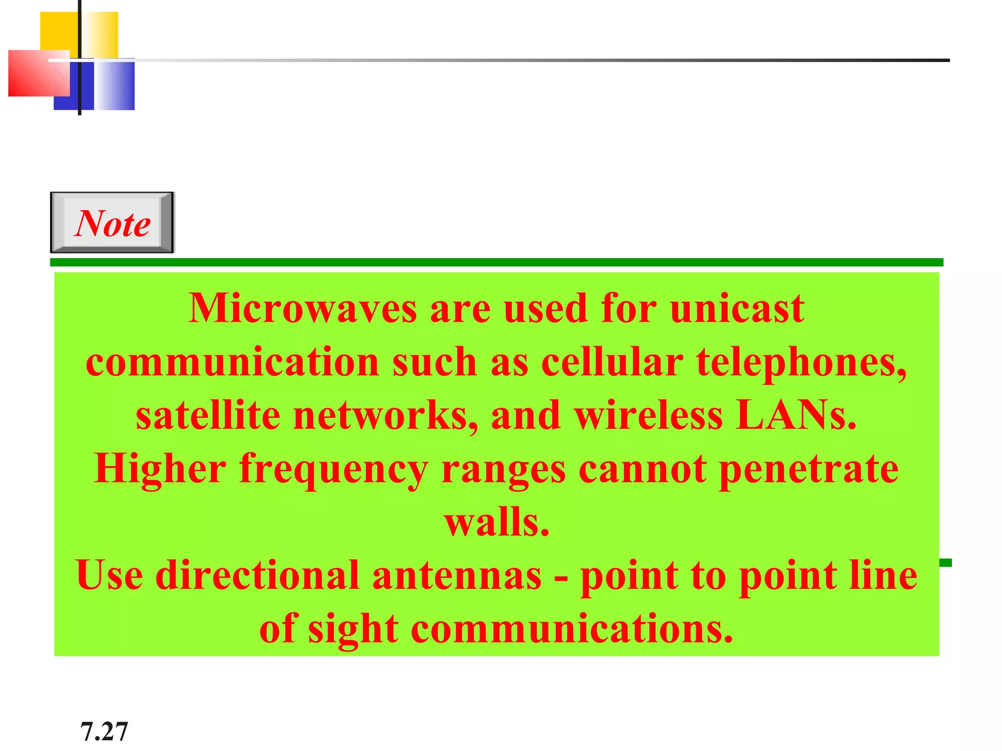 Note

      Microwaves are used for unicast
communication such as cellular telephones,
   satellite networks, and wireless LANs.
 Higher frequency ranges cannot penetrate
                      walls.
Use directional antennas - point to point line
           of sight communications.

7.27
 