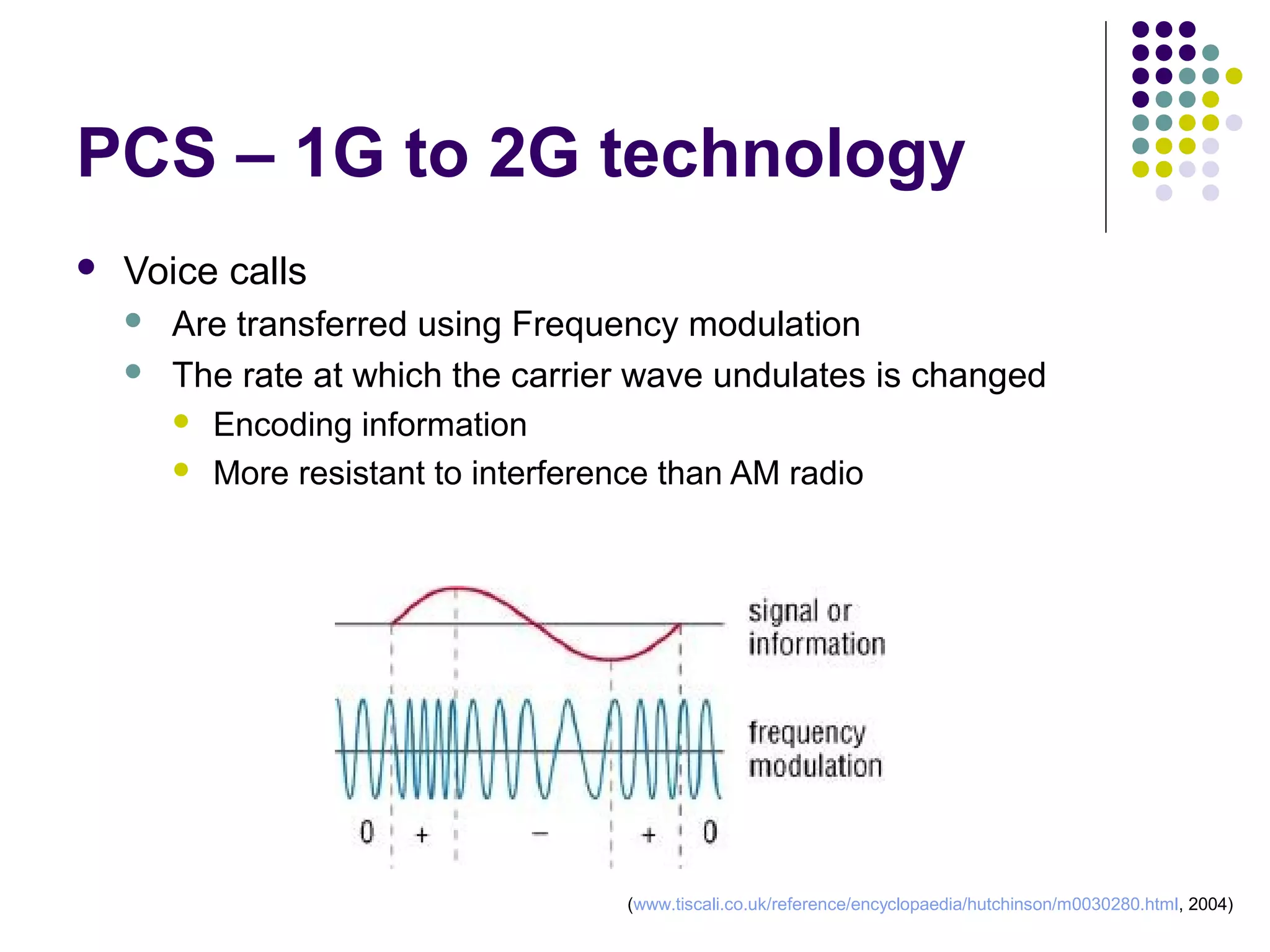 PCS – 1G to 2G technology
   Voice calls
       Are transferred using Frequency modulation
       The rate at which the carrier wave undulates is changed
         Encoding information

         More resistant to interference than AM radio




                                    (www.tiscali.co.uk/reference/encyclopaedia/hutchinson/m0030280.html, 2004)
 