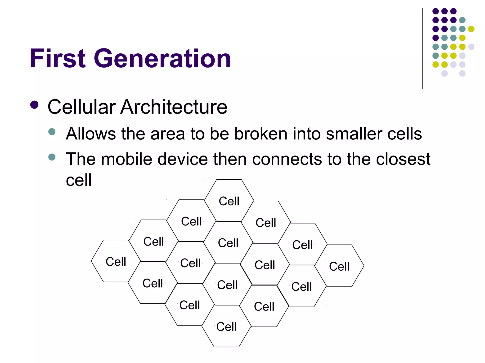 First Generation
 Cellular   Architecture
     Allows the area to be broken into smaller cells
     The mobile device then connects to the closest
      cell
                                Cell
                         Cell          Cell
                  Cell          Cell          Cell
           Cell          Cell          Cell          Cell
                  Cell          Cell          Cell
                         Cell          Cell
                                Cell
 