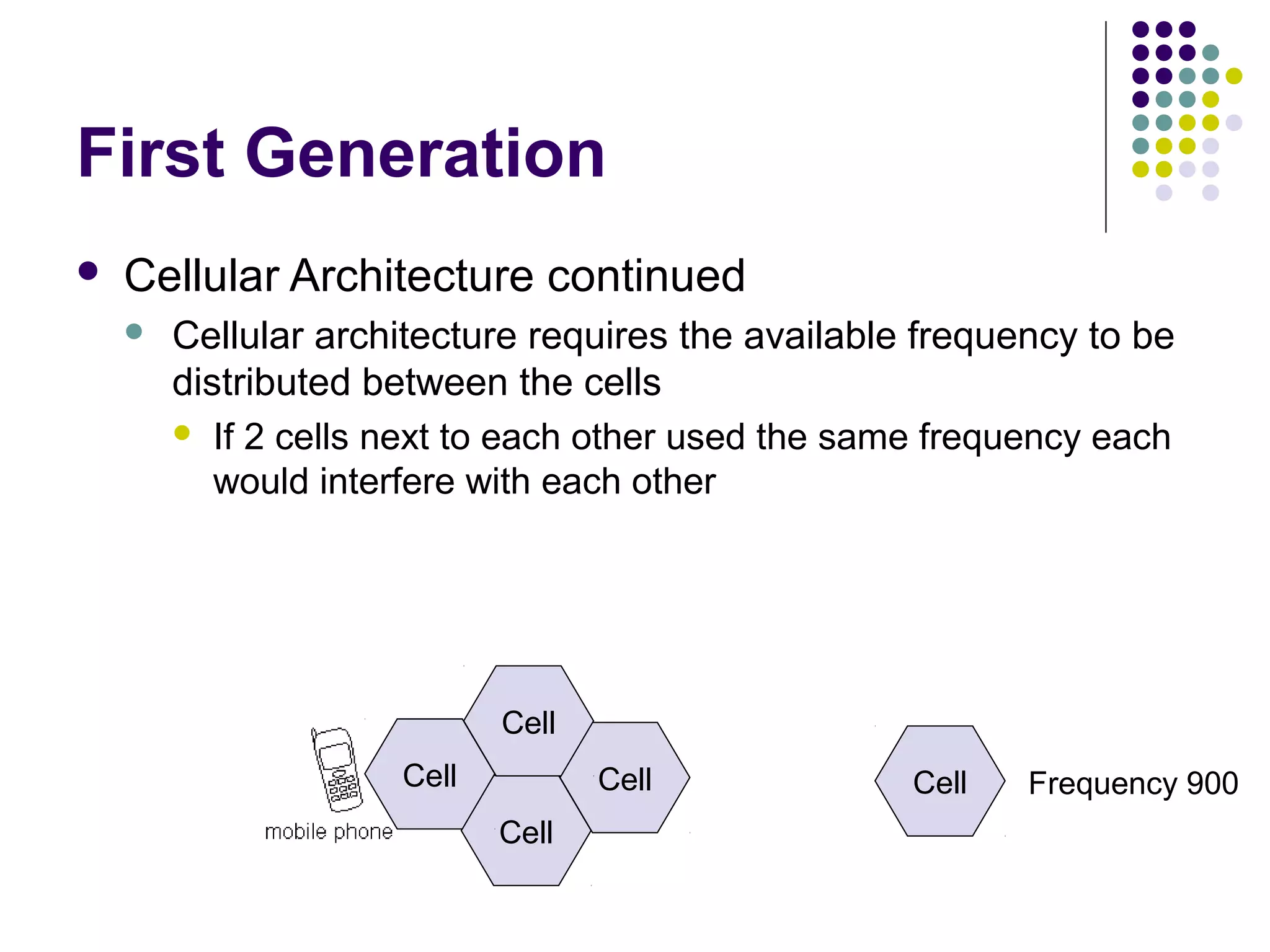 First Generation
   Cellular Architecture continued
       Cellular architecture requires the available frequency to be
        distributed between the cells
         If 2 cells next to each other used the same frequency each
           would interfere with each other




                            Cell
                     Cell          Cell             Cell   Frequency 900
                            Cell
 