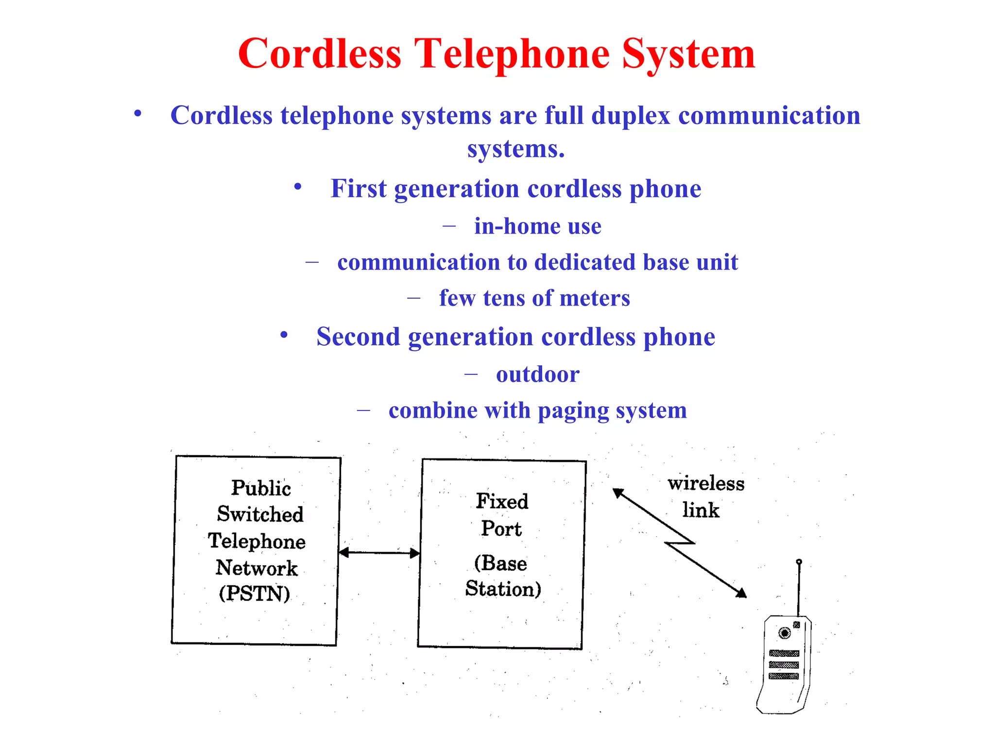 Cordless Telephone System
•   Cordless telephone systems are full duplex communication
                            systems.
              • First generation cordless phone
                         – in-home use
               – communication to dedicated base unit
                     – few tens of meters
            • Second generation cordless phone
                           – outdoor
                  – combine with paging system
                 – few hundred meters per station
 