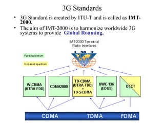 3G Standards
• 3G Standard is created by ITU-T and is called as IMT-
  2000.
• The aim of IMT-2000 is to harmonize worldwide 3G
  systems to provide Global Roaming.
 