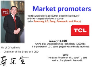 Market promoters
 world's 25th-largest consumer electronics producer
and sixth-largest television producer
 (after Samsung, LG, Sony, Panasonic and Sharp).




                    January 16- 2010
       China Star Optoelectronics Technology (CSOT)’s
    8.5-generation LCD panel project was officially launched


                                  2005
                   The sales volume of TCL color TV sets
                       ranked first place in the world.
 