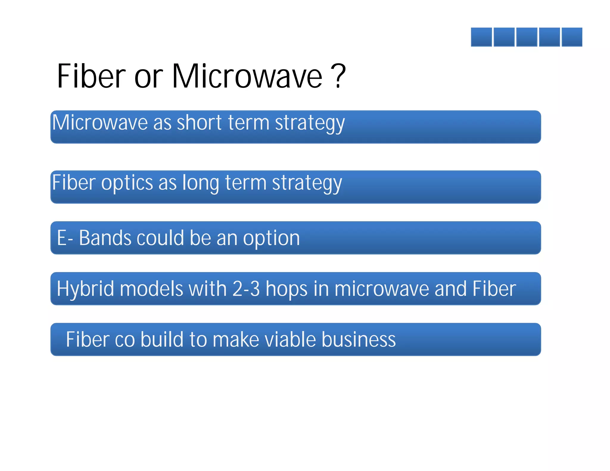 Fiber or Microwave ?
Microwave as short term strategy

Fiber optics as long term strategy

E- Bands could be an option

Hybrid models with 2-3 hops in microwave and Fiber

 Fiber co build to make viable business
 