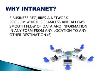 E BUSINESS REQUIRES A NETWORK
PROBLEM,WHICH IS SEAMLESS AND ALLOWS
SMOOTH FLOW OF DATA AND INFORMATION
IN ANY FORM FROM ANY LOCATION TO ANY
OTHER DESTINATION (S).
 