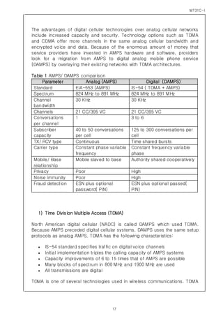 MT31C-I
17
The advantages of digital cellular technologies over analog cellular networks
include increased capacity and security. Technology options such as TDMA
and CDMA offer more channels in the same analog cellular bandwidth and
encrypted voice and data. Because of the enormous amount of money that
service providers have invested in AMPS hardware and software, providers
look for a migration from AMPS to digital analog mobile phone service
(DAMPS) by overlaying their existing networks with TDMA architectures.
Table 1 AMPS/ DAMPS comparison
Parameter Analog (AMPS) Digital (DAMPS)
Standard EIA-553 (AMPS) IS-54 ( TDMA + AMPS)
Spectrum 824 MHz to 891 MHz 824 MHz to 891 MHz
Channel
bandwidth
30 KHz 30 KHz
Channels 21 CC/395 VC 21 CC/395 VC
Conversations
per channel
1 3 to 6
Subscriber
capacity
40 to 50 conversations
per cell
125 to 300 conversations per
cell
TX/ RCV type Continuous Time shared bursts
Carrier type Constant phase variable
frequency
Constant frequency variable
phase
Mobile/ Base
relationship
Mobile slaved to base Authority shared cooperatively
Privacy Poor High
Noise immunity Poor High
Fraud detection ESN plus optional
password( PIN)
ESN plus optional passed(
PIN)
1) Time Division Multiple Access (TDMA)
North American digital cellular (NADC) is called DAMPS which used TDMA.
Because AMPS preceded digital cellular systems, DAMPS uses the same setup
protocols as analog AMPS. TDMA has the following characteristics:
 IS-54 standard specifies traffic on digital voice channels
 Initial implementation triples the calling capacity of AMPS systems
 Capacity improvements of 6 to 15 times that of AMPS are possible
 Many blocks of spectrum in 800 MHz and 1900 MHz are used
 All transmissions are digital
TDMA is one of several technologies used in wireless communications. TDMA
 