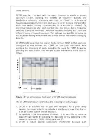 MT31C-I
29
users demand.
OFDM can be combined with frequency hopping to create a spread
spectrum system, realizing the benefits of frequency diversity and
interference averaging previously described for CDMA. In a frequency
hopping spread spectrum system, each user’s set of tones is changed after
each time period (usually corresponding to a modulation symbol). By
switching frequencies after each symbol time, the losses due to frequency
selective fading are minimized. Although frequency hopping and CDMA are
different forms of spread spectrum, they achieve comparable performance
in a multipath fading environment and provide similar interference averaging
benefits.
OFDM therefore provides the best of the benefits of TDMA in that users are
orthogonal to one another, and CDMA, as previously mentioned, while
avoiding the limitations of each, including the need for TDMA frequency
planning and equalization, and multiple access interference in the case of
CDMA.
Figure 13 Two-dimensional illustration of OFDM channel resource
The OFDM transmission scheme has the following key advantages:
1. OFDM is an efficient way to deal with multipath; for a given delay
spread, the implementation complexity is significantly lower than that of
a single-carrier system with an equalizer.
2. In relatively slow time-varying channels, it is possible to enhance
capacity significantly by adapting the data rate per SC according to the
signal-to-noise ratio (SNR) of that particular SC.
3. OFDM is robust against narrowband interference because such
 