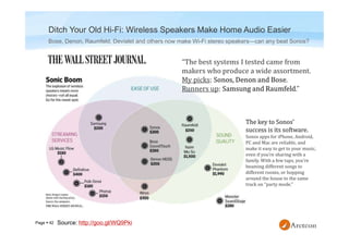 Page  42
Ditch Your Old Hi-Fi: Wireless Speakers Make Home Audio Easier
Bose, Denon, Raumfeld, Devialet and others now make Wi-Fi stereo speakers—can any beat Sonos?
The key to Sonos’
success is its software.
Sonos apps for iPhone, Android,
PC and Mac are reliable, and
make it easy to get to your music,
even if you’re sharing with a
family. With a few taps, you’re
beaming different songs to
different rooms, or bopping
around the house to the same
track on “party mode.”
Source: http://goo.gl/WQ9Pki
 