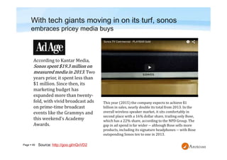 Page  49
With tech giants moving in on its turf, sonos
embraces pricey media buys
This year (2015) the company expects to achieve $1
billion in sales, nearly double its total from 2013. In the
overall wireless speaker market, it sits comfortably in
second place with a 16% dollar share, trailing only Bose,
which has a 22% share, according to the NPD Group. The
gap in ad spend is far wider -- although Bose sells more
products, including its signature headphones -- with Bose
outspending Sonos ten to one in 2013.
Source: http://goo.gl/nQvVD2
 