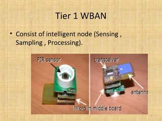 Tier 1 WBAN
• Consist of intelligent node (Sensing ,
Sampling , Processing).
8
 