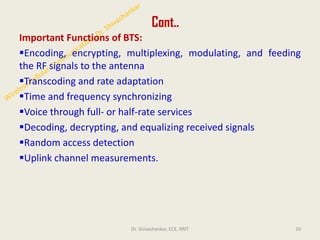 Cont..
Important Functions of BTS:
▪Encoding, encrypting, multiplexing, modulating, and feeding
the RF signals to the antenna
▪Transcoding and rate adaptation
▪Time and frequency synchronizing
▪Voice through full- or half-rate services
▪Decoding, decrypting, and equalizing received signals
▪Random access detection
▪Uplink channel measurements.
10
Dr. Shivashankar, ECE, RRIT
 