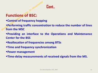 Cont..
Functions of BSC:
▪Control of frequency hopping
▪Performing traffic concentration to reduce the number of lines
from the MSC
▪Providing an interface to the Operations and Maintenance
Center for the BSS
▪Reallocation of frequencies among BTSs
▪Time and frequency synchronization
▪Power management
▪Time-delay measurements of received signals from the MS.
12
Dr. Shivashankar, ECE, RRIT
 