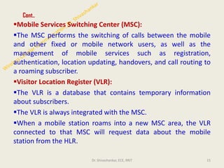Cont..
▪Mobile Services Switching Center (MSC):
▪The MSC performs the switching of calls between the mobile
and other fixed or mobile network users, as well as the
management of mobile services such as registration,
authentication, location updating, handovers, and call routing to
a roaming subscriber.
▪Visitor Location Register (VLR):
▪The VLR is a database that contains temporary information
about subscribers.
▪The VLR is always integrated with the MSC.
▪When a mobile station roams into a new MSC area, the VLR
connected to that MSC will request data about the mobile
station from the HLR.
15
Dr. Shivashankar, ECE, RRIT
 