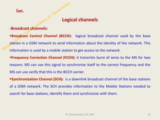 Cont..
Logical channels
-Broadcast channels:
▪Broadcast Control Channel (BCCH): logical broadcast channel used by the base
station in a GSM network to send information about the identity of the network. This
information is used by a mobile station to get access to the network.
▪Frequency Correction Channel (FCCH): it transmits burst of zeros to the MS for two
reasons: MS can use this signal to synchronize itself to the correct frequency and the
MS can use verify that this is the BCCH carrier.
▪Synchronization Channel (SCH): is a downlink broadcast channel of the base stations
of a GSM network. The SCH provides information to the Mobile Stations needed to
search for base stations, identify them and synchronize with them.
20
Dr. Shivashankar, ECE, RRIT
 