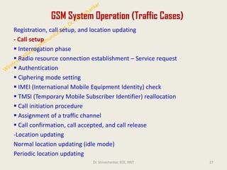 GSM System Operation (Traffic Cases)
Registration, call setup, and location updating
- Call setup
▪ Interrogation phase
▪ Radio resource connection establishment – Service request
▪ Authentication
▪ Ciphering mode setting
▪ IMEI (International Mobile Equipment Identity) check
▪ TMSI (Temporary Mobile Subscriber Identifier) reallocation
▪ Call initiation procedure
▪ Assignment of a traffic channel
▪ Call confirmation, call accepted, and call release
-Location updating
Normal location updating (idle mode)
Periodic location updating
27
Dr. Shivashankar, ECE, RRIT
 