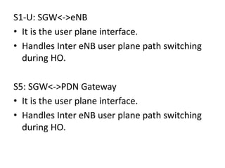 S1-U: SGW<->eNB
• It is the user plane interface.
• Handles Inter eNB user plane path switching
during HO.
S5: SGW<->PDN Gateway
• It is the user plane interface.
• Handles Inter eNB user plane path switching
during HO.
 