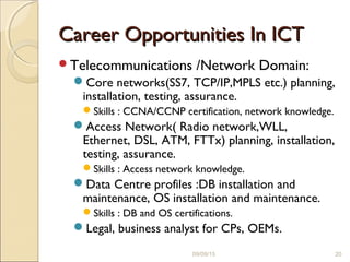 Career Opportunities In ICTCareer Opportunities In ICT
Telecommunications /Network Domain:
Core networks(SS7, TCP/IP,MPLS etc.) planning,
installation, testing, assurance.
Skills : CCNA/CCNP certification, network knowledge.
Access Network( Radio network,WLL,
Ethernet, DSL, ATM, FTTx) planning, installation,
testing, assurance.
Skills : Access network knowledge.
Data Centre profiles :DB installation and
maintenance, OS installation and maintenance.
Skills : DB and OS certifications.
Legal, business analyst for CPs, OEMs.
09/09/15 20
 