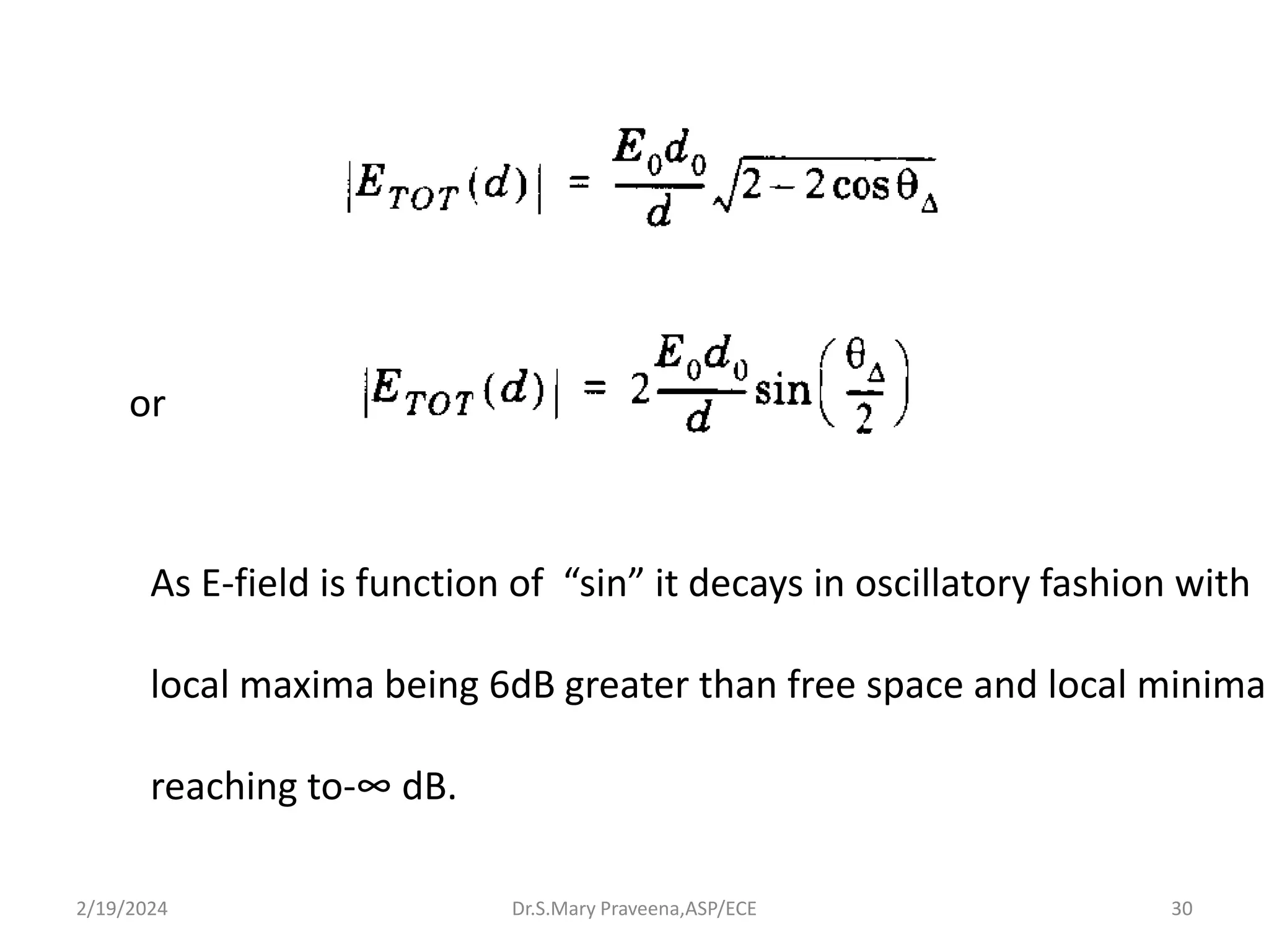 Dr.S.Mary Praveena,ASP/ECE 30
or
As E-field is function of “sin” it decays in oscillatory fashion with
local maxima being 6dB greater than free space and local minima
reaching to-∞ dB.
2/19/2024
 
