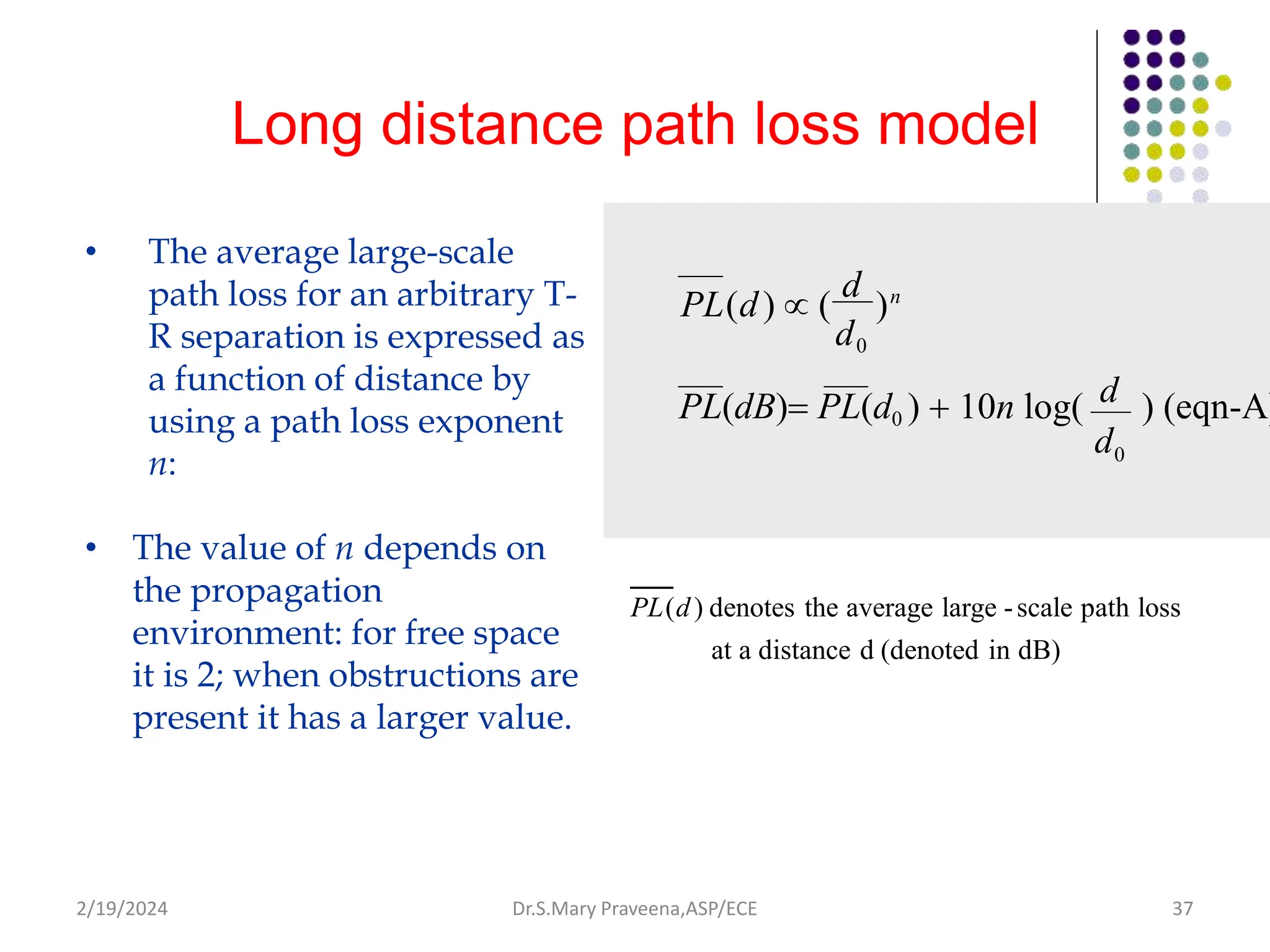 Long distance path loss model
• The average large-scale
path loss for an arbitrary T-
R separation is expressed as
a function of distance by
using a path loss exponent
n:
• The value of n depends on
the propagation
environment: for free space
it is 2; when obstructions are
present it has a larger value.
PL(d) denotes the average large -scale path loss
at a distance d (denoted in dB)
PL(dB) PL(d0 )  10n log( ) (eqn-A)
PL(d)  (
d
)n
0
d0
d
Dr.S.Mary Praveena,ASP/ECE 37
d
2/19/2024
 