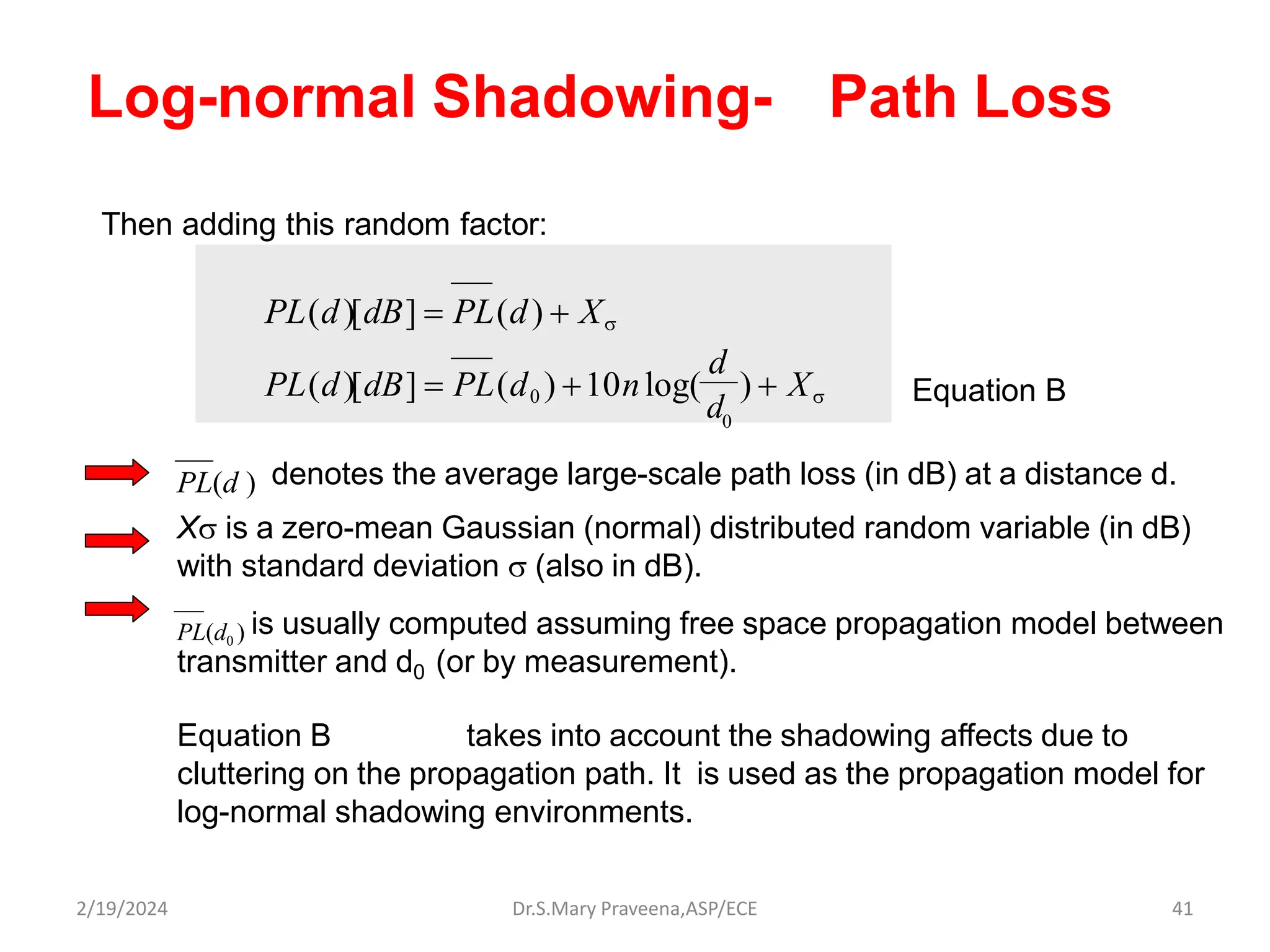 PL(d ) denotes the average large-scale path loss (in dB) at a distance d.
X is a zero-mean Gaussian (normal) distributed random variable (in dB)
with standard deviation  (also in dB).
PL(d0 ) is usually computed assuming free space propagation model between
transmitter and d0 (or by measurement).
Equation B takes into account the shadowing affects due to
cluttering on the propagation path. It is used as the propagation model for
log-normal shadowing environments.
Log-normal Shadowing- Path Loss
PL(d)[dB]  PL(d0 ) 10nlog(
d
)  X
Then adding this random factor:
PL(d)[dB]  PL(d)  X
d
0
Equation B
Dr.S.Mary Praveena,ASP/ECE 41
2/19/2024
 