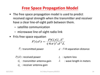 Free Space Propagation Model
• The free space propagation model is used to predict
received signal strength when the transmitter and receiver
have a clear line-of-sight path between them.
– satellite communication
– microwave line-of-sight radio link
• Friis free space equation
: transmitted power : T-R separation distance
: received power : system loss
: transmitter antenna gain : wave length in meters
: receiver antenna gain
L
d
G
G
P
d
P r
t
t
r 2
2
2
)
4
(
)
(


=
t
P
)
(d
Pr
t
G
r
G
d
L

Dr.S.Mary Praveena,ASP/ECE 14
10/1/2021
 
