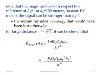 31
note that the magnitude is with respect to a
reference of E0=1 at d0=100 meters, so near 100
meters the signal can be stronger than E0=1
– the second ray adds in energy that would have
been lost otherwise
for large distances it can be shown that
Dr.S.Mary Praveena,ASP/ECE
10/1/2021
 
