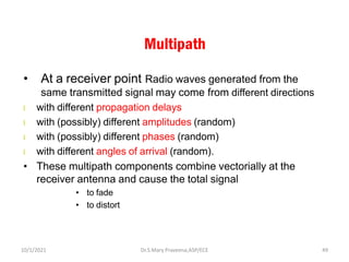 Multipath
• At a receiver point Radio waves generated from the
same transmitted signal may come from different directions
l with different propagation delays
l with (possibly) different amplitudes (random)
l with (possibly) different phases (random)
l with different angles of arrival (random).
• These multipath components combine vectorially at the
receiver antenna and cause the total signal
• to fade
• to distort
Dr.S.Mary Praveena,ASP/ECE 49
10/1/2021
 