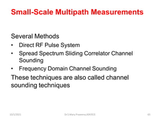Small-Scale Multipath Measurements
Several Methods
• Direct RF Pulse System
• Spread Spectrum Sliding Correlator Channel
Sounding
• Frequency Domain Channel Sounding
These techniques are also called channel
sounding techniques
Dr.S.Mary Praveena,ASP/ECE 65
10/1/2021
 