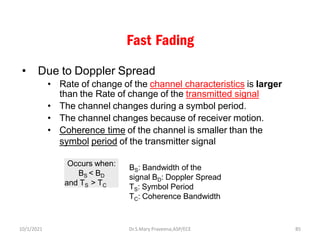 Fast Fading
• Due to Doppler Spread
• Rate of change of the channel characteristics is larger
than the Rate of change of the transmitted signal
• The channel changes during a symbol period.
• The channel changes because of receiver motion.
• Coherence time of the channel is smaller than the
symbol period of the transmitter signal
Occurs when:
BS < BD
and TS > TC
BS: Bandwidth of the
signal BD: Doppler Spread
TS: Symbol Period
TC: Coherence Bandwidth
Dr.S.Mary Praveena,ASP/ECE 85
10/1/2021
 