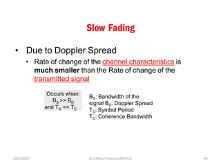 Slow Fading
• Due to Doppler Spread
• Rate of change of the channel characteristics is
much smaller than the Rate of change of the
transmitted signal
Occurs when:
BS >> BD
and TS << TC
BS: Bandwidth of the
signal BD: Doppler Spread
TS: Symbol Period
TC: Coherence Bandwidth
Dr.S.Mary Praveena,ASP/ECE 86
10/1/2021
 