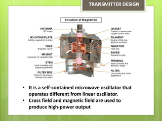 TRANSMITTER DESIGN
• It is a self-contained microwave oscillator that
operates different from linear oscillator.
• Cross field and magnetic field are used to
produce high-power output
 