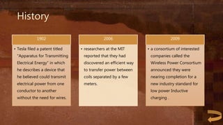 History
1902
• Tesla filed a patent titled
“Apparatus for Transmitting
Electrical Energy” in which
he describes a device that
he believed could transmit
electrical power from one
conductor to another
without the need for wires.
2006
• researchers at the MIT
reported that they had
discovered an efficient way
to transfer power between
coils separated by a few
meters.
2009
• a consortium of interested
companies called the
Wireless Power Consortium
announced they were
nearing completion for a
new industry standard for
low power Inductive
charging .
 