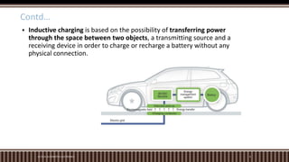 M.TECH. AUTOMOTIVE ELECTRONICS 9
 Inductive charging is based on the possibility of transferring power
through the space between two objects, a transmitting source and a
receiving device in order to charge or recharge a battery without any
physical connection.
Contd…
 