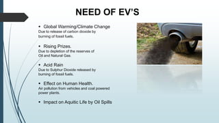 NEED OF EV’S
 Global Warming/Climate Change
Due to release of carbon dioxide by
burning of fossil fuels.
 Rising Prizes.
Due to depletion of the reserves of
Oil and Natural Gas.
 Acid Rain
Due to Sulphur Dioxide released by
burning of fossil fuels.
 Effect on Human Health.
Air pollution from vehicles and coal powered
power plants.
 Impact on Aquitic Life by Oil Spills
 