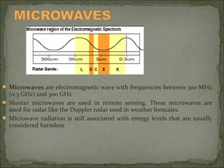  Microwaves are electromagnetic wave with frequencies between 300 MHz

(0.3 GHz) and 300 GHz
 Shorter microwaves are used in remote sensing. These microwaves are
used for radar like the Doppler radar used in weather forecasts.
 Microwave radiation is still associated with energy levels that are usually
considered harmless

 