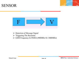 BITS Pilani, Hyderabad CampusMayank Garg Slide 18
SENSOR
 Detection of Message Signal
 Triggering The Rectenna
 GSM Frequency In INDIA (900MHz Or 1800MHz)
 